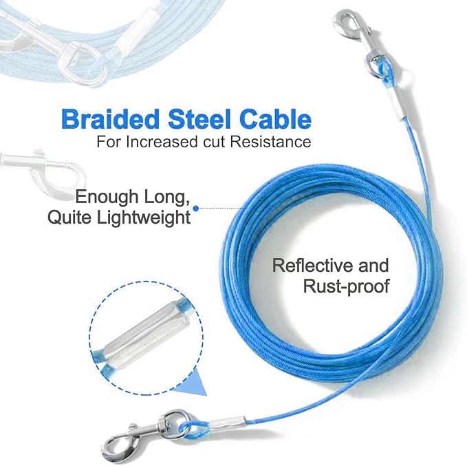 Tie Out Cable for Dogs,30FT Dog Leads,Heavy Duty Tie Out Cable for Large Dogs Up to 125lbs,Durable Dog Runner Tether Line for Outdoor,Yard