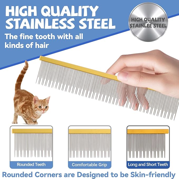 8.5 Inch Dual Tooth Pet Comb for Mats and Tangles，Professional Grooming Comb Removing Excess Hair for Long-Haired Cats and Dog Kit,Prevent Undercoat, Excess Hair,Mats and Tangles,Pet Essential