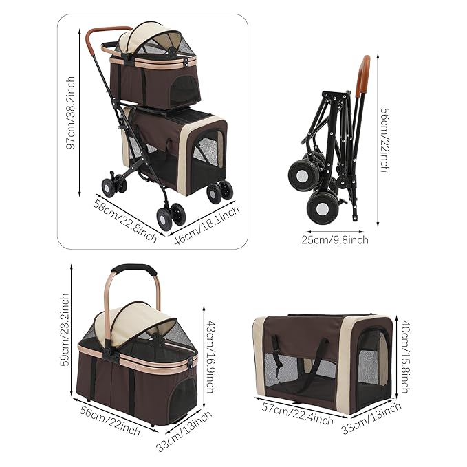 Foldable Pet Stroller for Small & Medium Dogs, Double Dog & Cat Stroller with 3-in-1 Travel System, Detachable Pet Carrier with Wheels for Cats and Dogs up to 77 lbs, Coffee Color