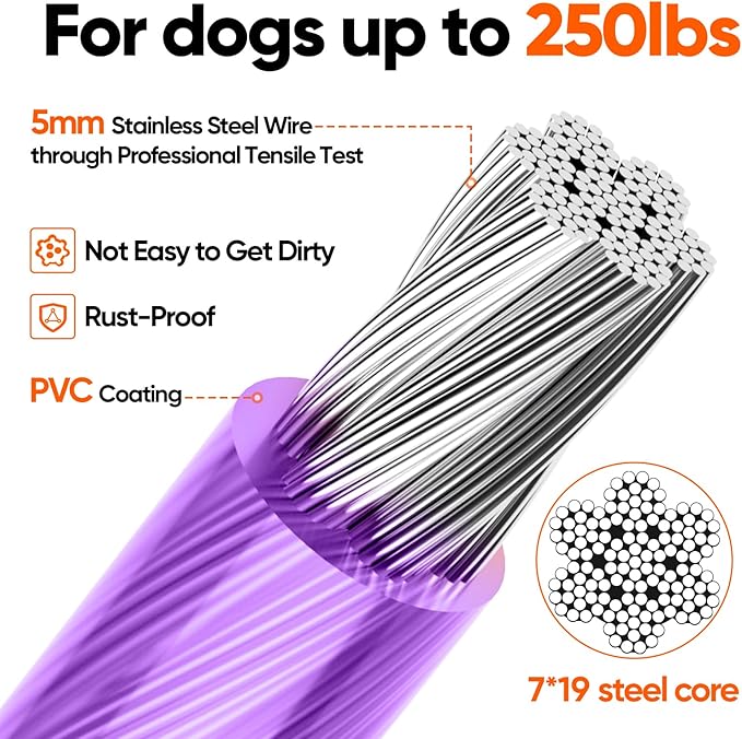 Tresbro 70FT Reflective Tie Out Cable for Dogs Up to 250 Pounds, Steel Wire Lead Leash Cable with Stainless Rotatable Buckle, Lightweight and Enduring, Dog Chains Outside for Outdoor, Yard, Purple