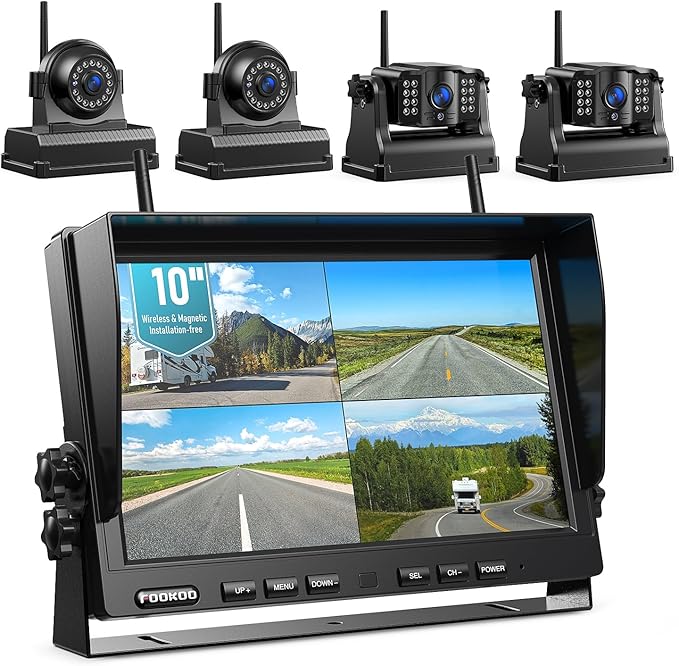 Fookoo 1080P 10" Magnetic Wireless Backup Camera 10" HD Split Screen Monitor,Rechargeable 2 Side View 2 Rear View Cameras,Low Consumption 1-Min DIY Install No Drilling for RV Trailer Truck DCX104