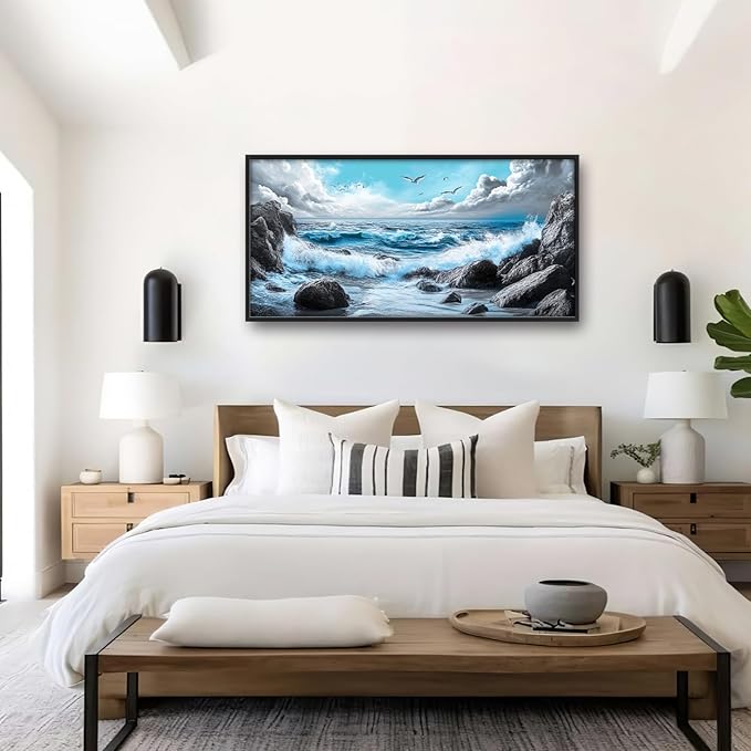 Extra Large Framed Abstract Sea Ocean Wall Art,Black and White Wall Decor, Coastal Seashore Pictures for Living Room,Canvas Print Painting Modern Artwork Bedroom Office Bathroom 60L x 30W