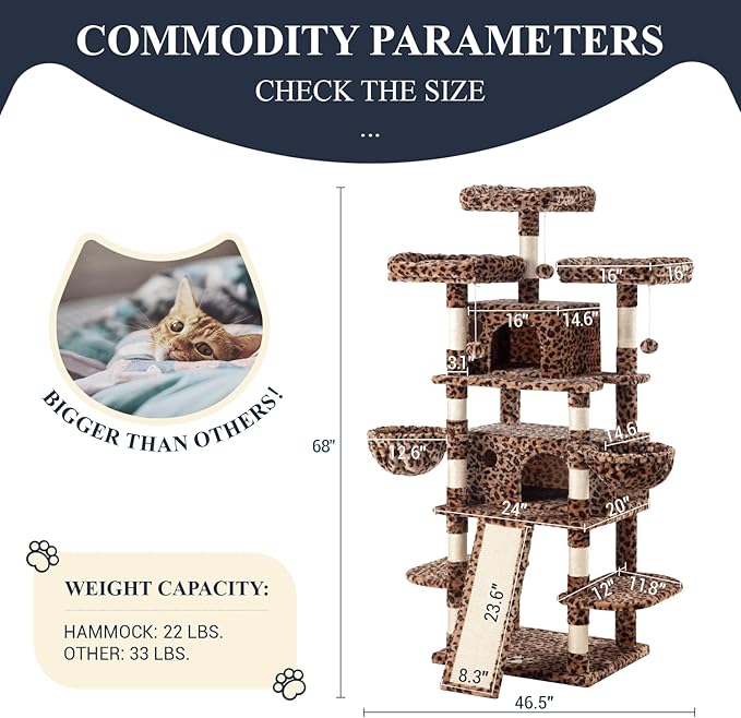 Allewie 68 Inches Cat Tree/House and Towers for Big Feline/Scratching Post/Multi-Level Large Kitty Climbing Tree with Condo/Leopard Print