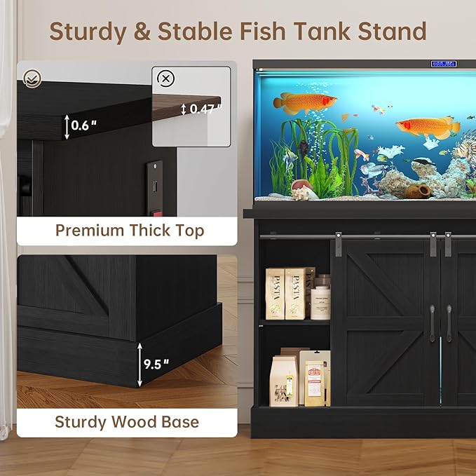 55-75 Gallon Fish Tank Stand with Sliding Barn Doors & Power Outlet, Heavy Duty Aquarium Stand with Cabinet Storage for Fish Tank, Turtle Tank, Reptile Terrarium, 1000LBS Capacity, Black
