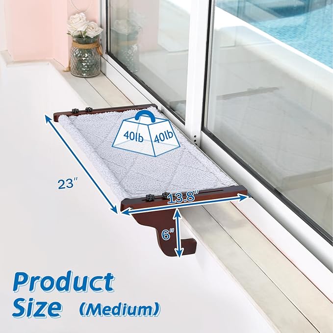 Easy Seat Cat Perch for Window Sill - Hammock Design w/Premium Wood & Robust Metal Frame - Cat Window Seat for Large Cats and Kittens (Dark Stained Wood w/Gray Bed, Medium (23''W x 14''D))