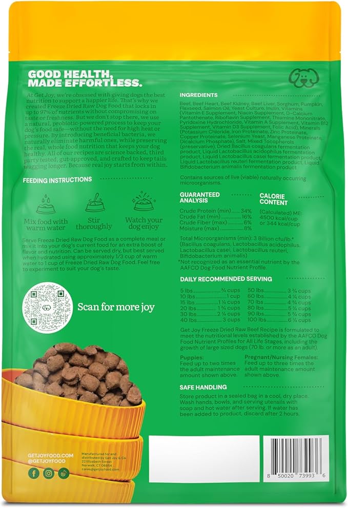 Get Joy Gut Health Fresh Freeze Dried Raw Meal, Beef Recipe, 32 Ounce Bag, Dog Food for Dogs of All Breeds and Life Stages, PhD Animal Nutritionist Formulated, USDA Beef, Made in USA