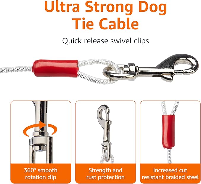Amazon Basics Tie-Out Cable for Dogs up to 90 lbs, 25 feet, White