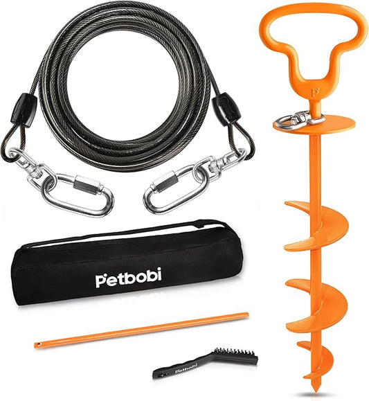 Petbobi Heavy Duty Dog Tie Out Cable and Stake - 30FT Steel Wire Dog Leads for Large Dogs Up to 300lbs, Anti Rust Spiral Stake with Strong Leash & 360° Swivel Hooks - Ideal for Yard, Outdoor & Camping
