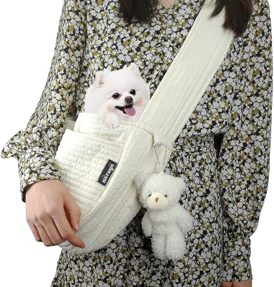 NATUYA Small Dog Carrier Sling Cat Sling-Dog Slings for Carrying Small Dogs-Adjustable Strap Hand Free Pet Puppy for Outdoor Traveling Subway (White, Canvas-Adjustable Strap)