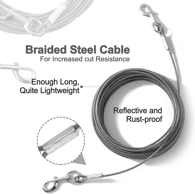 Tie Out Cable for Dogs,30FT Dog Leads,Heavy Duty Tie Out Cable for Large Dogs Up to 125lbs,Durable Dog Runner Tether Line for Outdoor,Yard