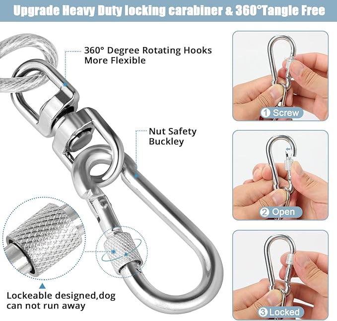jenico Dog Tie Out Cable, 10/15/20/30/40/50/70/100/150FT Runner Cable with Swivel Hook and Shock Spring, Dog Leash Run Tether for Yard Outdoor and Camping,for Small to Medium Pets Up to 500 LBS