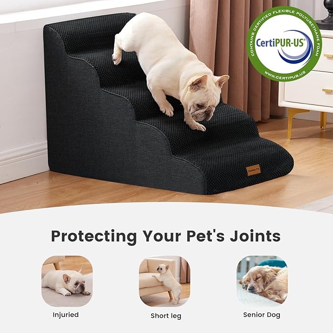 Gardner Pet Dog Stairs for Small Dogs 22.8" H, 5-Step Black Curved Pet Stairs, Dog Steps for High Bed, Couch (24-30 in) with Durable Non-Slip Waterproof Fabric Cover and CertiPUR-US Certified Foam