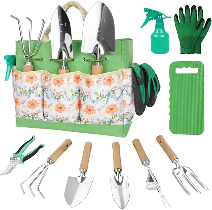 Gardening Tools 10-Piece Heavy Duty Stainless Steel Hand Tools with Durable Garden Tools Storage Tote,Rust-Proof Garden Tool Set, Ideal Gardening Gifts for Women Yellow Floral Pattern Design