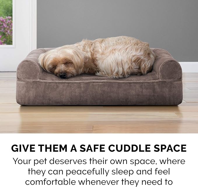 Furhaven Orthopedic Dog Bed for Large Dogs w/ Removable Bolsters & Washable Cover, For Dogs Up to 95 lbs - Faux Fur & Velvet Sofa - Driftwood Brown, Jumbo/XL