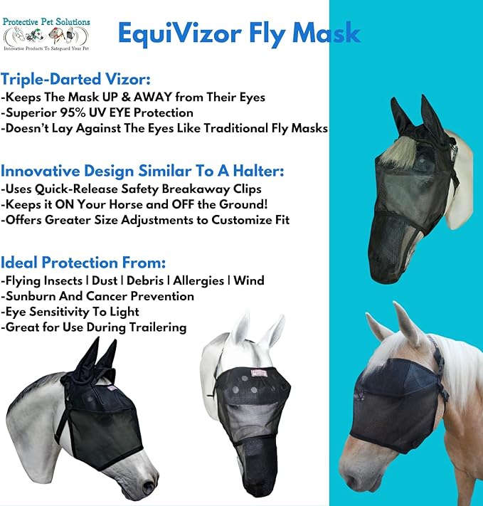 EquiVizor 95% UV Eye Protection (Full) Standard Horse Fly Mask - Help with Uveitis, Corneal Ulcer, Light Sensitivity. Designed to Stay On Your Horse, Off The Ground.