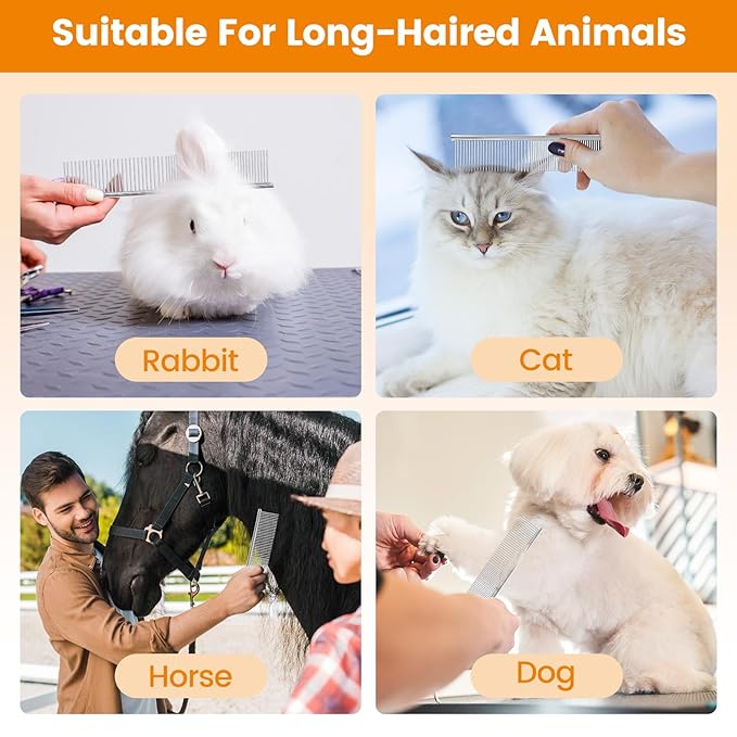 2Pcs Stainless Steel Dog Comb, Round Tooth Cat Comb with 2 Tooth Widths, Metal Combs for Removing Knots and Tangles, Grooming Tool for Long and Short Hair Pets, 7.5 IN Silver