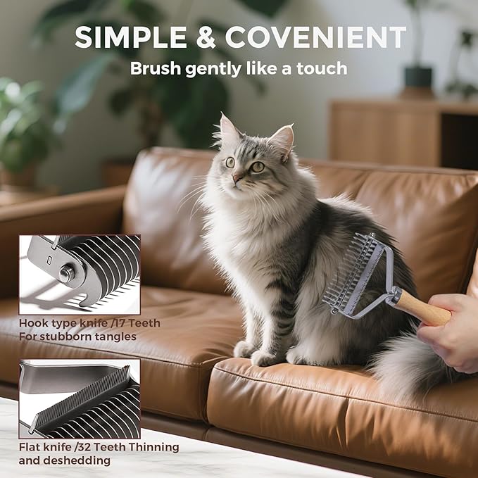 3-in-1 Professional Pet Shedding Dematting Comb - Deshedding Undercoat Rake for Dogs with Stainless Steel Blades Metal Pet Brush with Wood Handle Matted Hair Detangling Thinning and Shedding