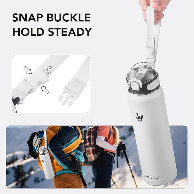 Enerbone 32 oz Insulated Water Bottle, Stainless Steel Bottle with Carrying Strap, Double-Wall Vacuum Insulation Design, Leakproof Sports Bottle with Straw, Keep Drinks Cold or Hot for Hours