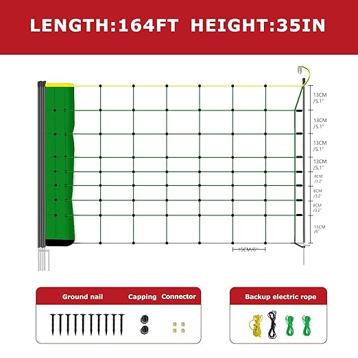 Electric Fence Netting, 164'L x 35.4" H Electric Fence Kit for Livestock, Goat, Dog, Hogs, Double Spiked Portable Electric Poultry Farm Fence, Electric Mesh Fence