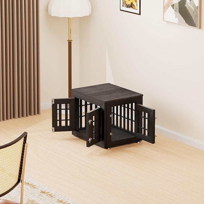 26" Heavy Duty Dog Crate Furniture for Small,Medium and Large Dogs,Rustic Wooden Dog Cage Kennel Indoor Furniture with Waterproof Top,Decorative Pet House Side End Table (Black & Grey)