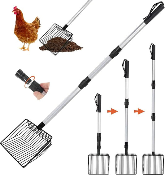 Esmorah Chicken Poop Scooper for Sand & Coop Cleaning - Sifting Shovel with 22"-40" Adjustable Handle, 3 Lengths Heavy Duty Stainless Steel Sifter