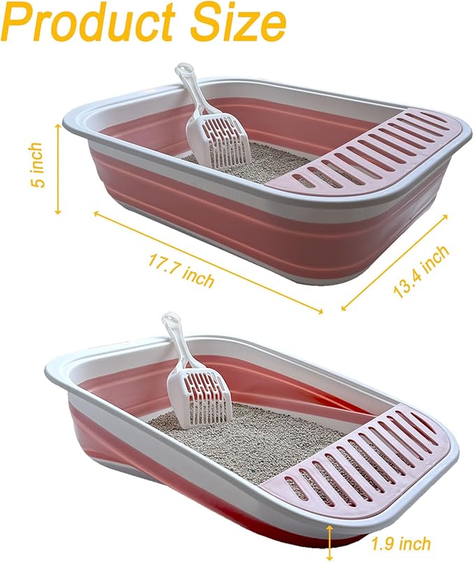 Collapsible Kitten Litter Box, 17.7 x 13.4 x 5 inch Shallow Travel Litter Box Senior Cats Open Cat Potty Pan with Scoop Anti-Splashing Low Entrance Cat Toilet with Falling Sand Pedal Grey