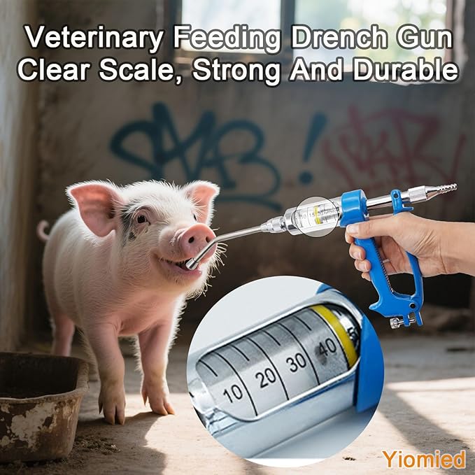 50ML Veterinary Metal Feeding Gun, Continuous Drench Gun Dosing Device Veterinary Adjustable Medicine Dispenser Husbandry Autonomous Feeding Tool, for Pig Cow, Sheep, Horse (Blue, 50ML+Kettle)