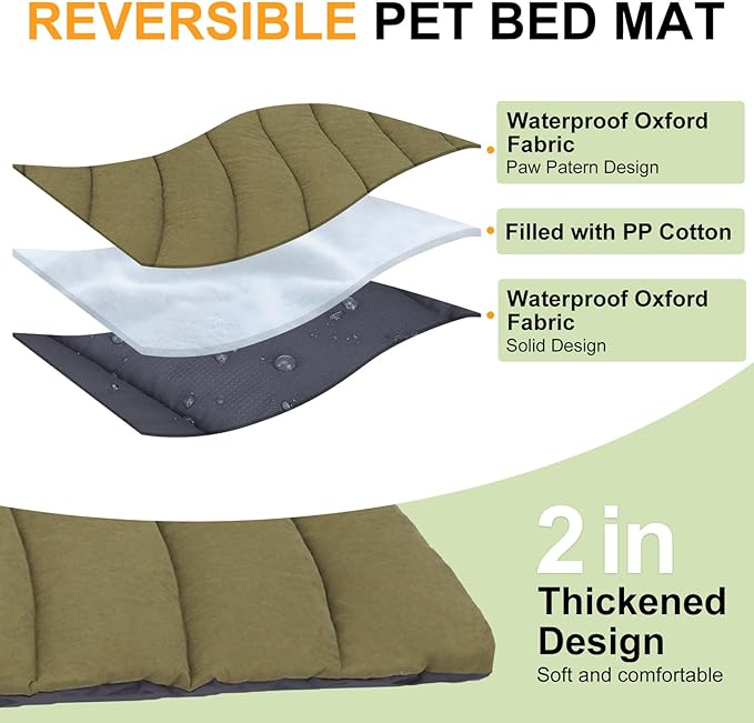 BEAUTYZOO Outdoor Dog Bed Waterproof, Camping Dog Bed Reversible, Portable Travel Bed with Carry Bag- Machine Washable, Durable, Foldable Outdoor Pet Bed Mat for Medium Large Dogs 26” x 43“ Green