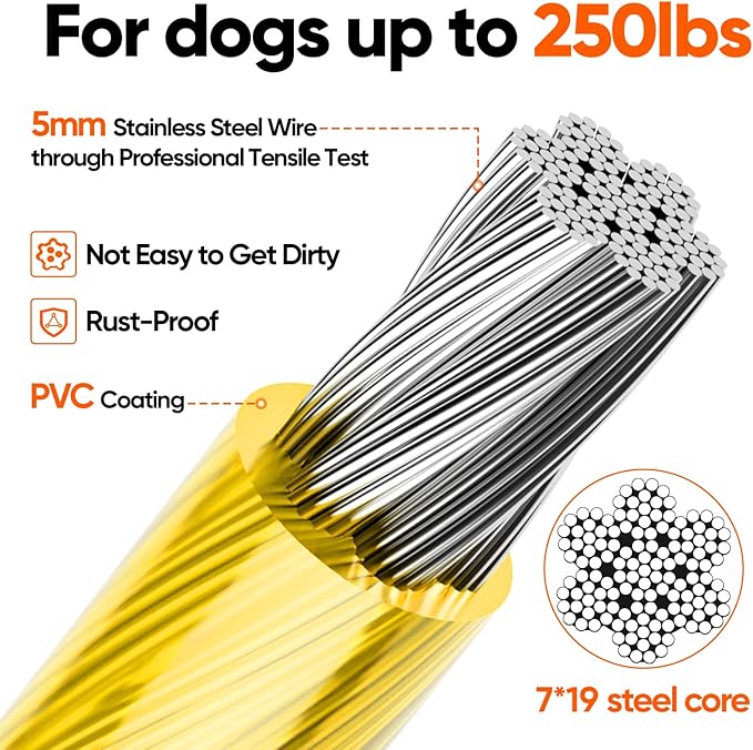 Tresbro 15FT Reflective Tie Out Cable for Dogs Up to 250 Pounds, Steel Wire Lead Leash Cable with Stainless Rotatable Buckle, Lightweight and Enduring, Dog Chains Outside for Outdoor, Yard, Yellow