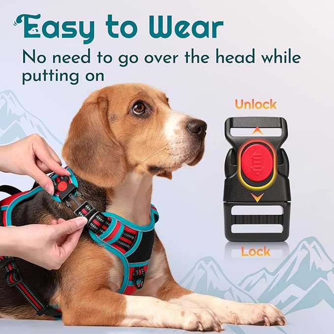 Eagloo Dog Harness for Large Dogs, Easy Wearing with 3 Buckles, Adjustable No Pull Pet Harness with 2 Rings for Walking, No Chock Reflective Soft Padded Vest with Control Handle, Red & Teal, XL