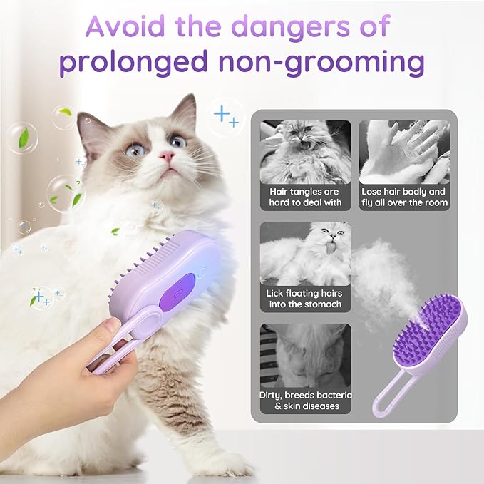 GKZ Cat Steam Brush, 3 in 1 Pet Comb for Massage, Cleaning, Shedding and Combing, Electric Mist to Prevent Flyaways for Home, Dogs and Cat Lovers - Purple