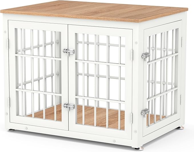 32 Inch Heavy Duty Dog Crate Furniture for Medium and Small Dogs, Decorative Pet House End Table, Wooden Cage Kennel Furniture Indoor, Natural and White