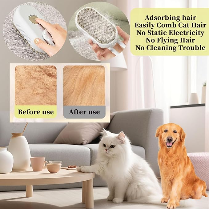 4-in1 Cat Steam Brush for Shedding & Grooming, Spray Hair Removal Comb with 1 Waterless Shampoo, Cat Brush for Massage, Pet Grooming Comb Hair Removal Tool for Cats and Dogs