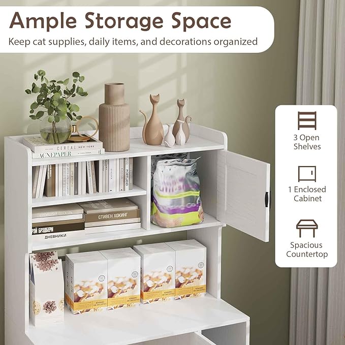 PETSITE Cat Litter Box Enclosure with Storage Shelf, 52 Inches Tall Modern Wooden Hidden Litter Box Furniture with Storage Shelving, Ideal for Indoor Cats (White)