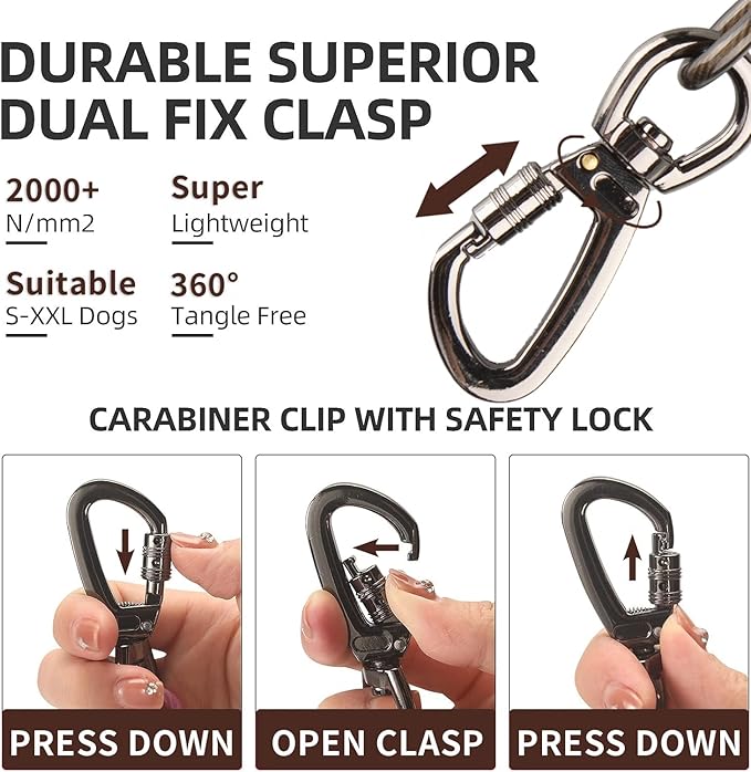 Dog tie Out Cable, 10/20/25/30/50/70/100 feet, Suitable for Dogs up to 350 pounds, Dog Cable with Swivel Buckle, Lightweight, Non-Winding, for Outdoor Camping, Yard Dog Cable (Black, 20FT)