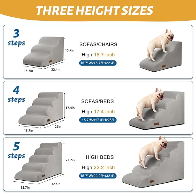 4-Step Dog Stairs and Ramp for Beds or Couches,Non-Slip Sturdy Pet Steps for Small Dogs and Cats,17.4" H,Light Grey