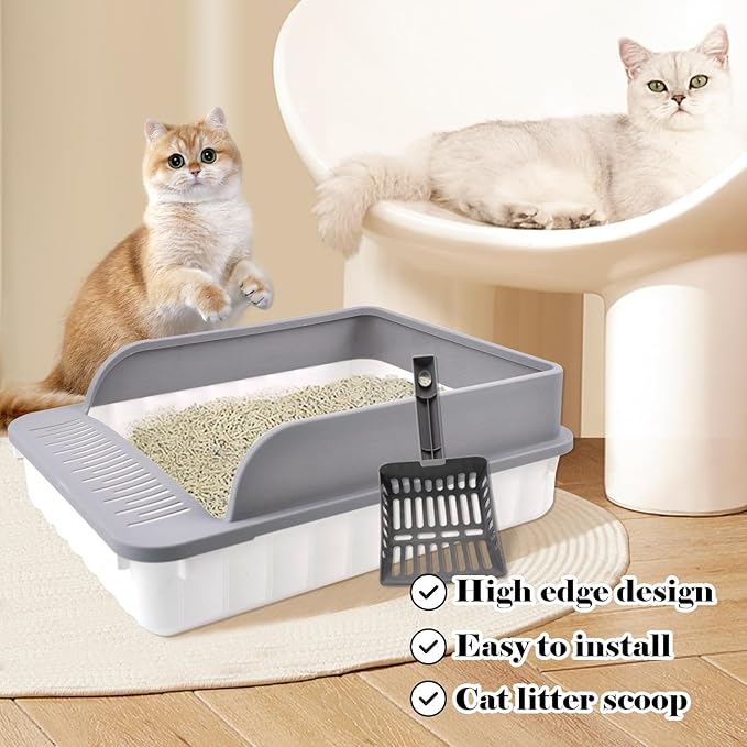 Open Cat Litter Box with High Side Anti-Splashing Cat Toilet with Litter Sifting Scoop Semi-Enclosed Kitten Litter Tray Pan Removable Prevent Sand Leakage Deodorizing Easy to Clean(Grey)