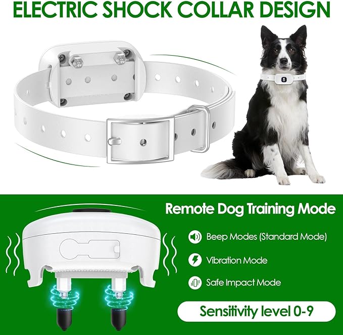 2 in 1 Wireless Dog Fence & Remote Training Collar, Pet Containment System with Adjustable Radius Range 16ft to 393ft, Waterproof & Rechargeable Training Collar Receivers for All Dogs (White)