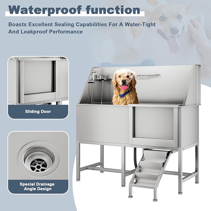 62" Professional Stainless Steel Dog Bathing Station, Large Dog Washing Station W/Dog Bath Brush, Washing Gloves, Floor Grate, Dog and Cat Bath Tub, Dog Washing Sink (62 Inch Right Door)