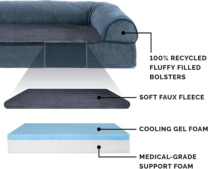 Furhaven Cooling Gel Dog Bed for Large Dogs w/ Removable Bolsters & Washable Cover, For Dogs Up to 125 lbs - Sherpa & Chenille Sofa - Orion Blue, Jumbo Plus/XXL