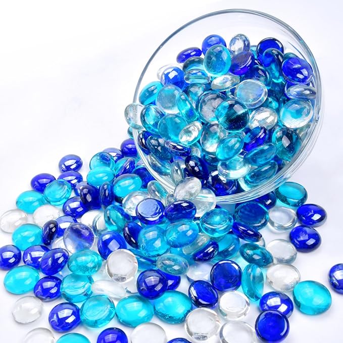2LB Blue Mix Flat Glass Marbles for Vases, Mancala Stones Gemstone Beads Vase Filler Decorative Glass Pebbles for Fish Tank, DIY Crafts, Aquarium Decor Rocks