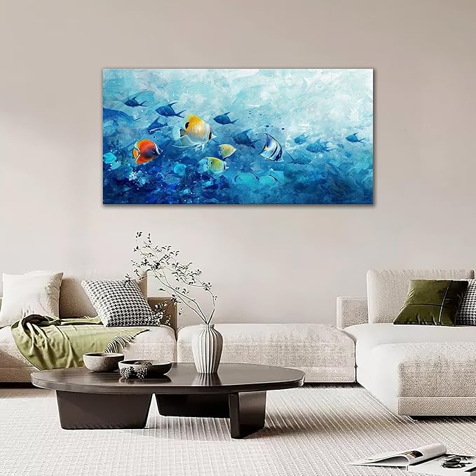 Extra Large Wall Art Tropical Fish Canvas Living Room Pictures Framed Prints Ocean Blue Oversize Wall Decor Animal Painting Artwork for Bedroom Dining Office Home 60"x30"