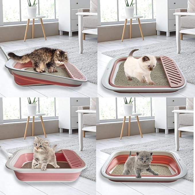 Collapsible Kitten Litter Box, 17.7 x 13.4 x 5 inch Shallow Travel Litter Box Senior Cats Open Cat Potty Pan with Scoop Anti-Splashing Low Entrance Cat Toilet with Falling Sand Pedal Grey