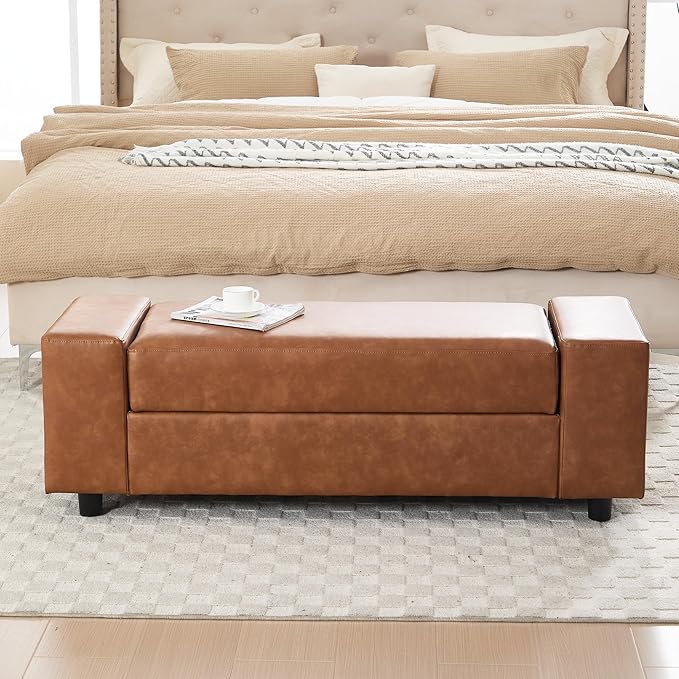 55" End of Bed Storage Bench Ottoman for Bedroom, Faux Leather Upholstered Entryway Bench Long Window Seating for Corner/Living Room/Recption Room/Office/Shop, Brown