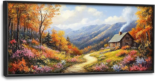 Framed Large Autumn Mountain Wall Art for Living Room, Oversized Wildflower Tree Wall Decor Nature Landscape Canvas Painting Modern Artwork Home Decoration for Living Room Bedroom 60"x30"