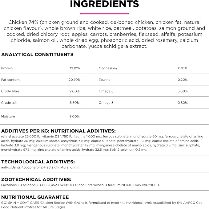 Go! Solutions Skin + Coat Care, Dry Cat Food, Chicken Recipe with Grains, 8 lb Bag