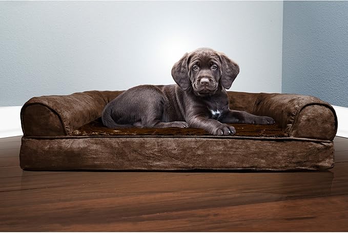 Furhaven Orthopedic Dog Bed for Medium/Small Dogs w/ Removable Bolsters & Washable Cover, For Dogs Up to 35 lbs - Plush & Suede Sofa - Espresso, Medium