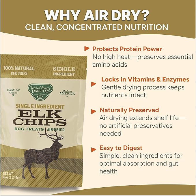 Gaines Family Farmstead Elk Chips for Dogs – 4 oz, Natural Single-Ingredient Dog Treats, High-Protein Rawhide-Free Chews, Healthy Grain-Free Snacks, Made in USA
