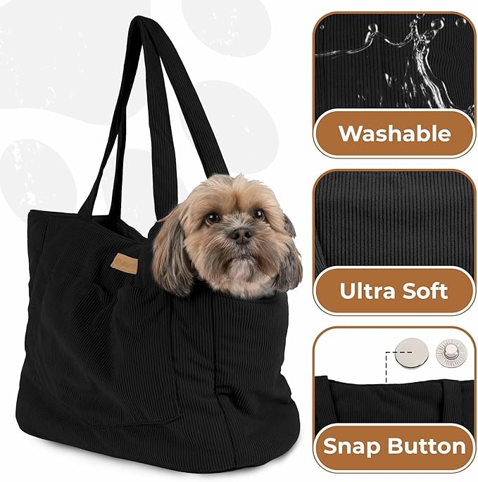 Corduroy Dog Carrier - Lightweight Cotton Soft-Sided Pet Tote with Safety Harness Clip - Breathable Travel Carrier for Small Dogs and Puppies (Black)
