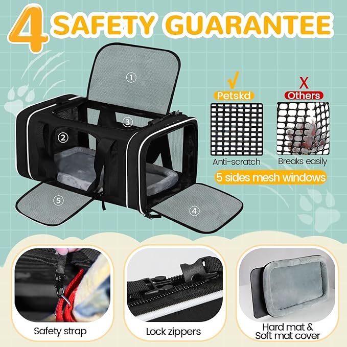 Petskd Length-Expandable Pet Carrier 17x11x9.5 Inches Alaska Airline Approved, Soft Pet Travel Carrier for Small Cats Dogs with Zipper Locks and Anti-Scratch Mesh(Black)